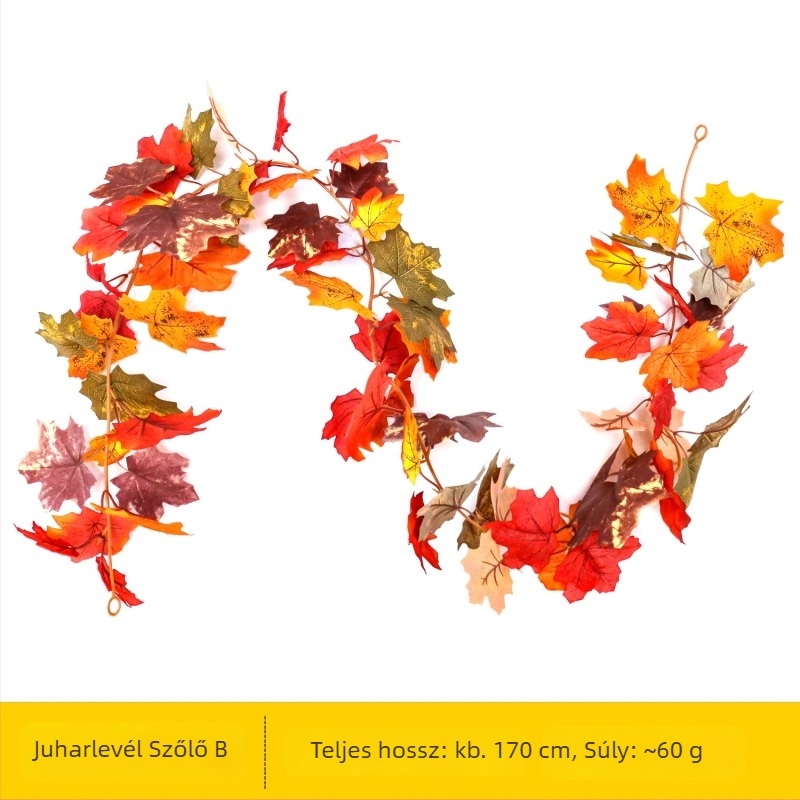 Juharlevél futónövény falikép, selyemvirágokkal, rattan kivitelezés, OPP csomagolás, fél-automatizált és félmanuális készítés