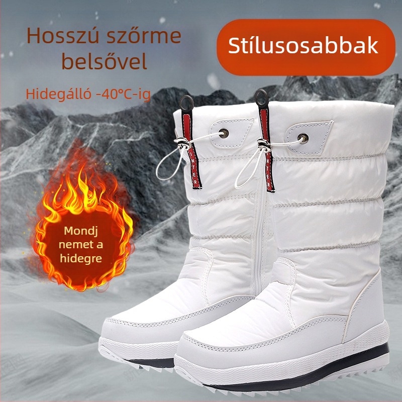 Női téli csizma, felső rész pamut anyagból, belső plüss bélés, talpbetét műszálas gyapjúból, gumitalp, lapos sarok