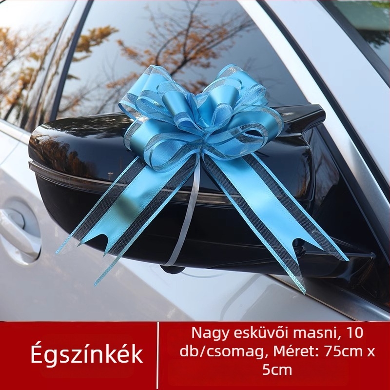 Esküvői autódekoráció — Nagy masni az ajtókilincshez, szalag és kihúzható virág elemek (Anyag: műanyag; Alkalom: esküvő; Kategória: helyszíni dekorációs kellék; Elemei: szalag, kihúzható virág)