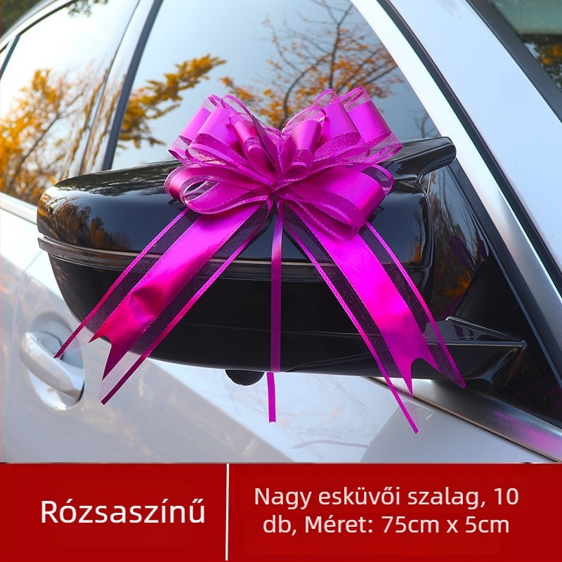Esküvői autódekoráció — Nagy masni az ajtókilincshez, szalag és kihúzható virág elemek (Anyag: műanyag; Alkalom: esküvő; Kategória: helyszíni dekorációs kellék; Elemei: szalag, kihúzható virág)
