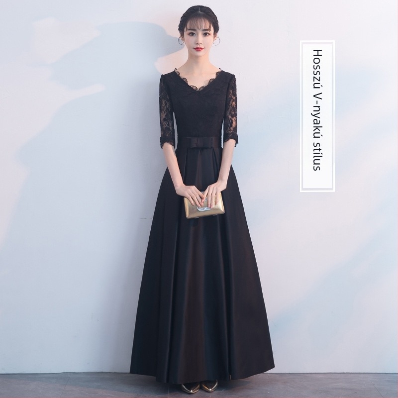 Estélyi ruha, A-vonal, magas derék, háromnegyedes ujjú, hosszú ruha, poliészter anyag