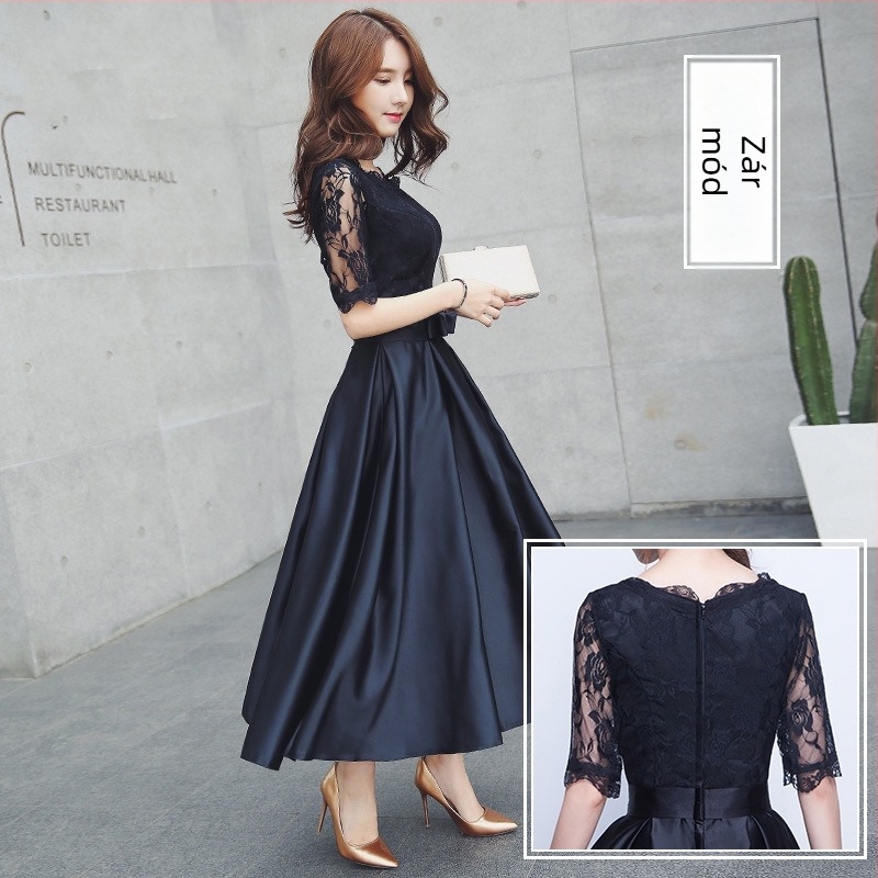 Estélyi ruha, A-vonal, magas derék, háromnegyedes ujjú, hosszú ruha, poliészter anyag