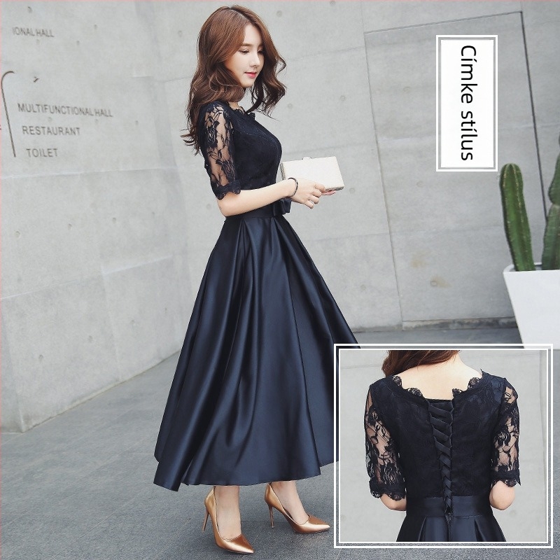 Estélyi ruha, A-vonal, magas derék, háromnegyedes ujjú, hosszú ruha, poliészter anyag