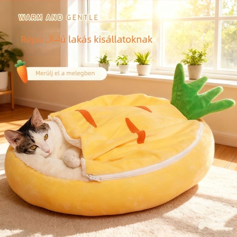 Macskafészek plüssből, félig zárt dizájn, levehető és mosható, téli melegség