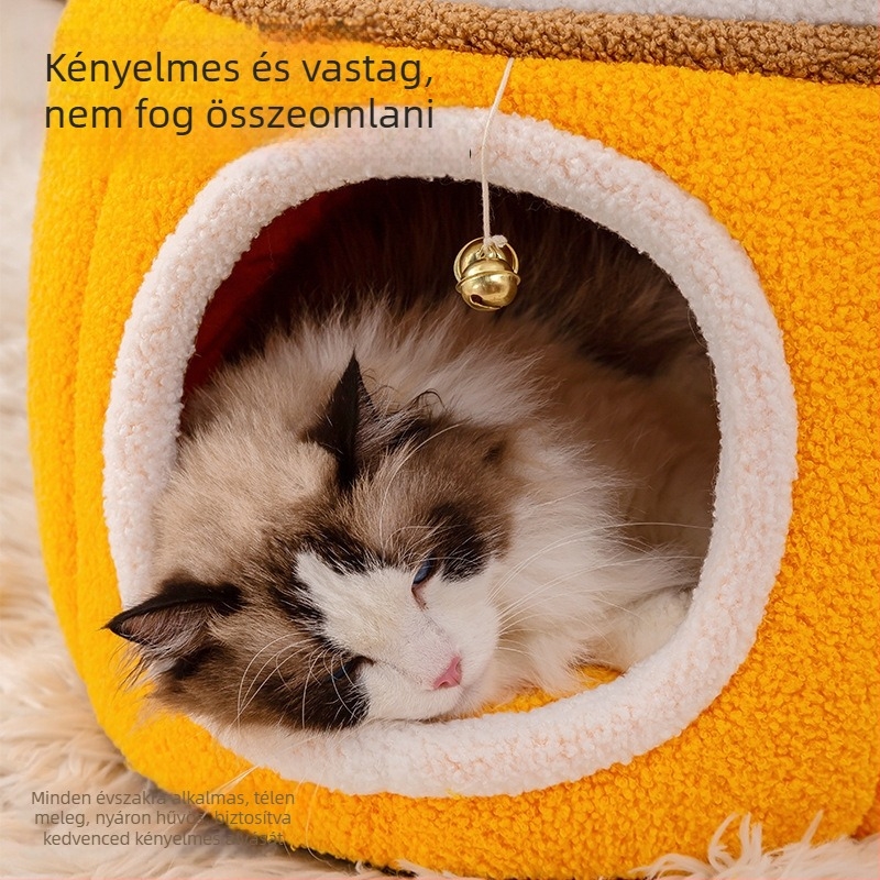 Zárt, kör alakú macskafészek, téli meleggel, tágas belső térrel, szerencsés dizájn