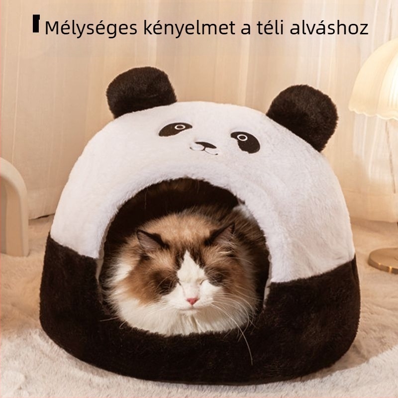 Minden évszakban használható macskafészek, plüss anyag, félzárt kialakítás, melegen tartja a macskákat