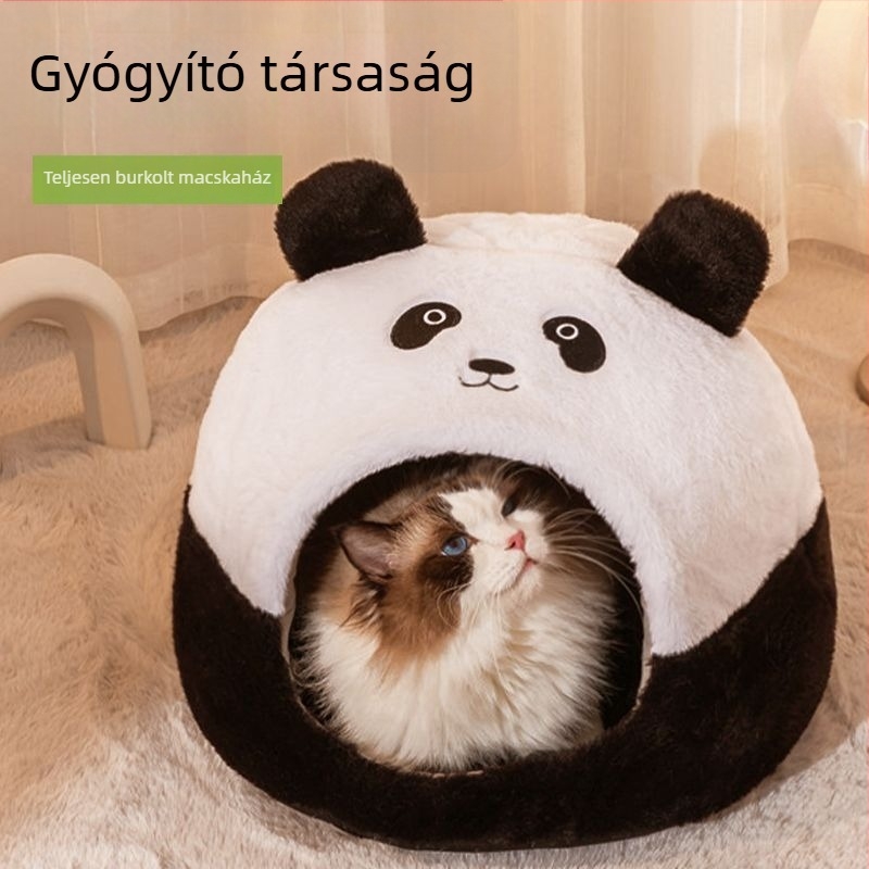 Minden évszakban használható macskafészek, plüss anyag, félzárt kialakítás, melegen tartja a macskákat