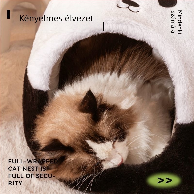 Minden évszakban használható macskafészek, plüss anyag, félzárt kialakítás, melegen tartja a macskákat
