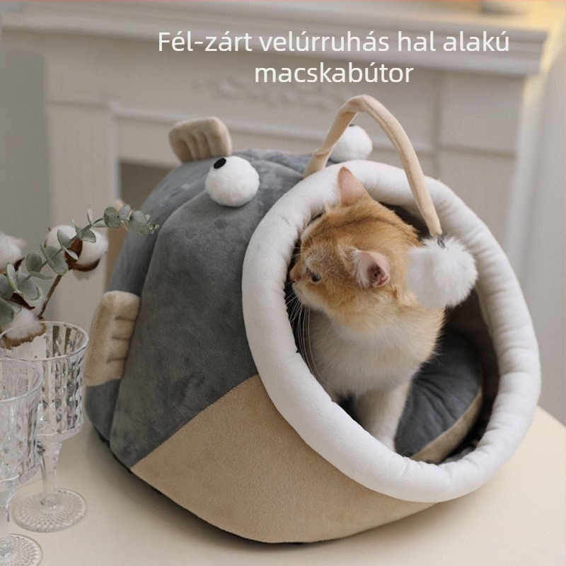 Aranyos dinoszaurusz macskafészek — félig zárt, négy évszakos kényelmes macskafekhely, KUCHI