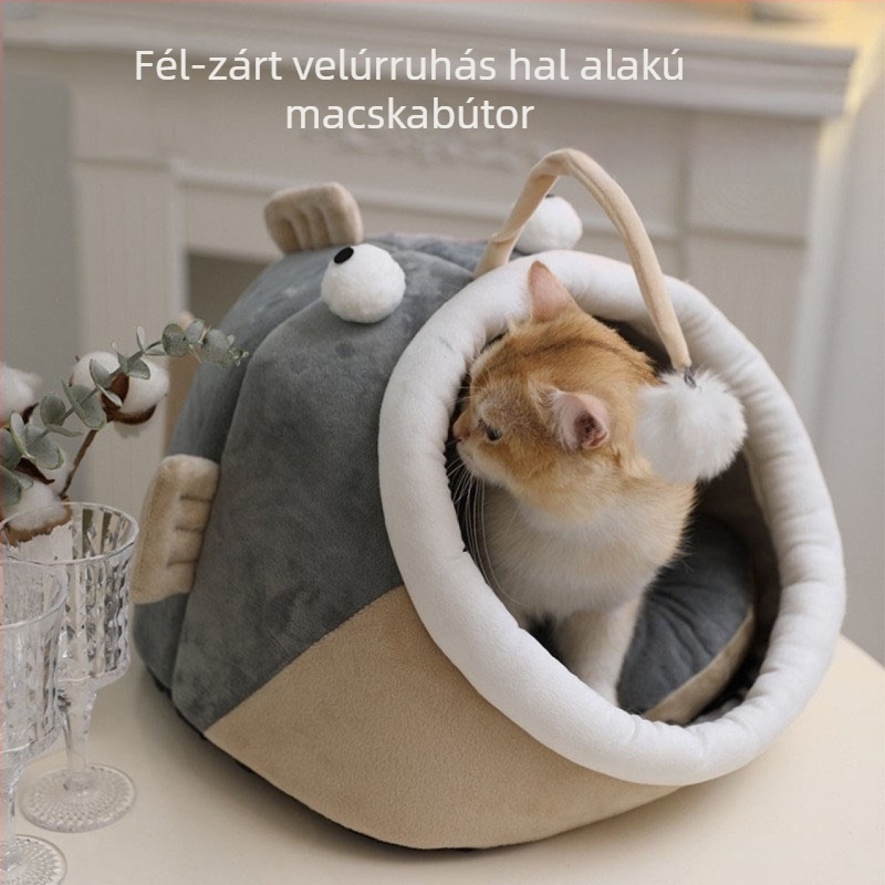 Aranyos dinoszaurusz macskafészek — félig zárt, négy évszakos kényelmes macskafekhely, KUCHI