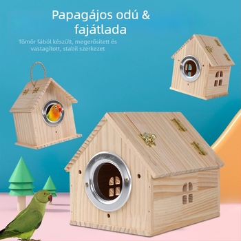 Fa papagájfészek költésre, tömörfa konstrukció, származás Shandong, márka Happy Parrot, madárhoz