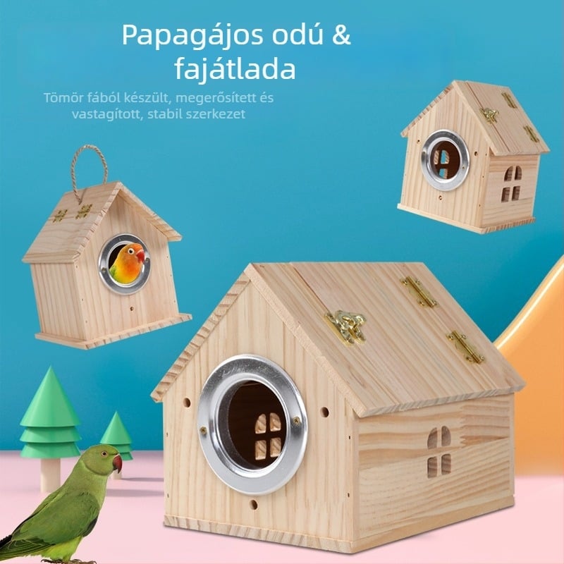 Fa papagájfészek költésre, tömörfa konstrukció, származás Shandong, márka Happy Parrot, madárhoz