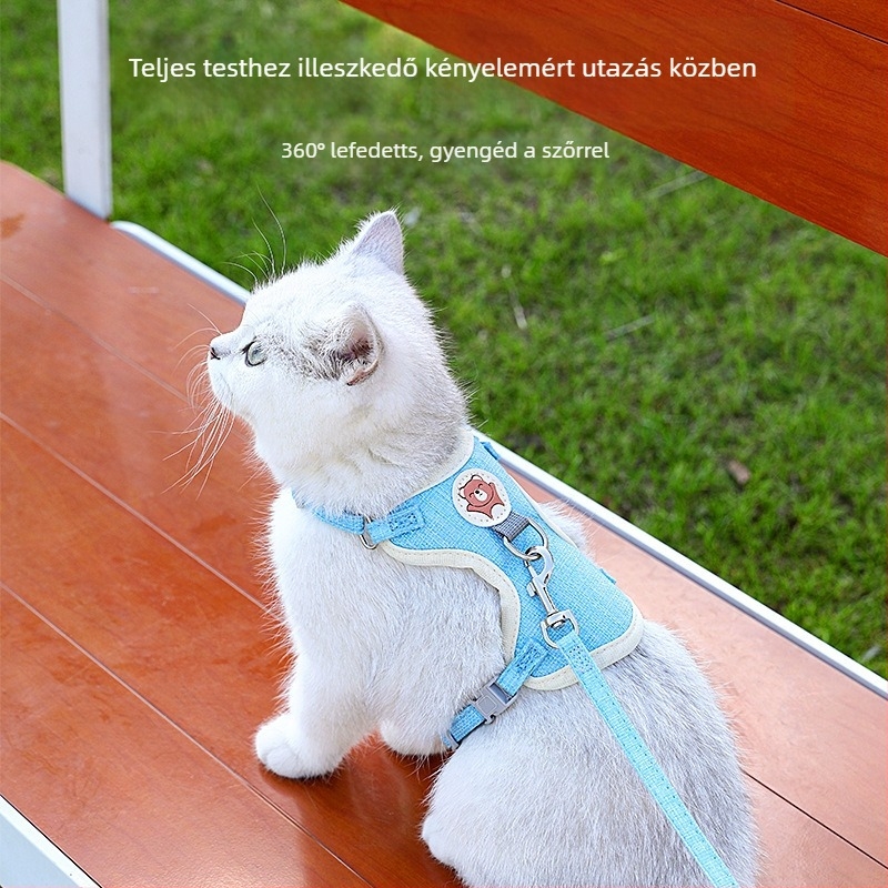 Mellény stílusú hám pórázzal macskáknak és kis–közepes méretű kutyáknak, textil anyag, védelem a menekülés ellen