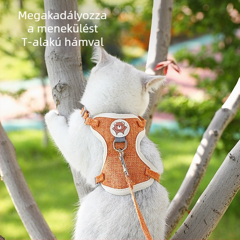 Mellény stílusú hám pórázzal macskáknak és kis–közepes méretű kutyáknak, textil anyag, védelem a menekülés ellen