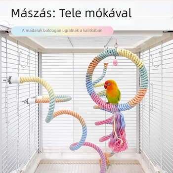 Papagáj hintázó játék pamutszálas gyűrűkkel, Tiger Skin Peony mintával, madárketrec kiegészítő