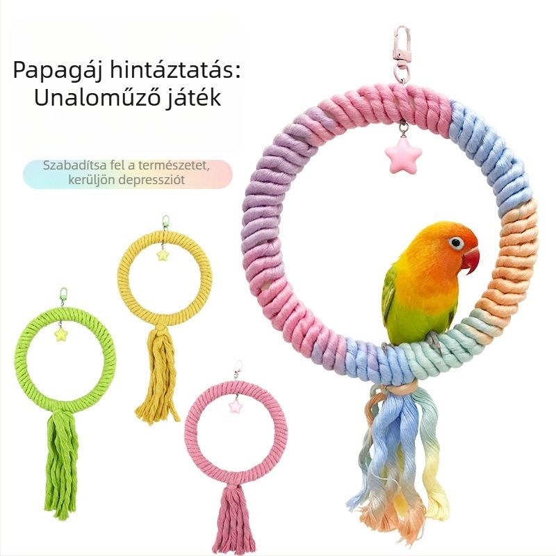 Papagáj hintázó játék pamutszálas gyűrűkkel, Tiger Skin Peony mintával, madárketrec kiegészítő