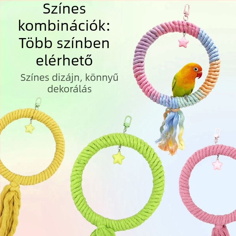 Papagáj hintázó játék pamutszálas gyűrűkkel, Tiger Skin Peony mintával, madárketrec kiegészítő