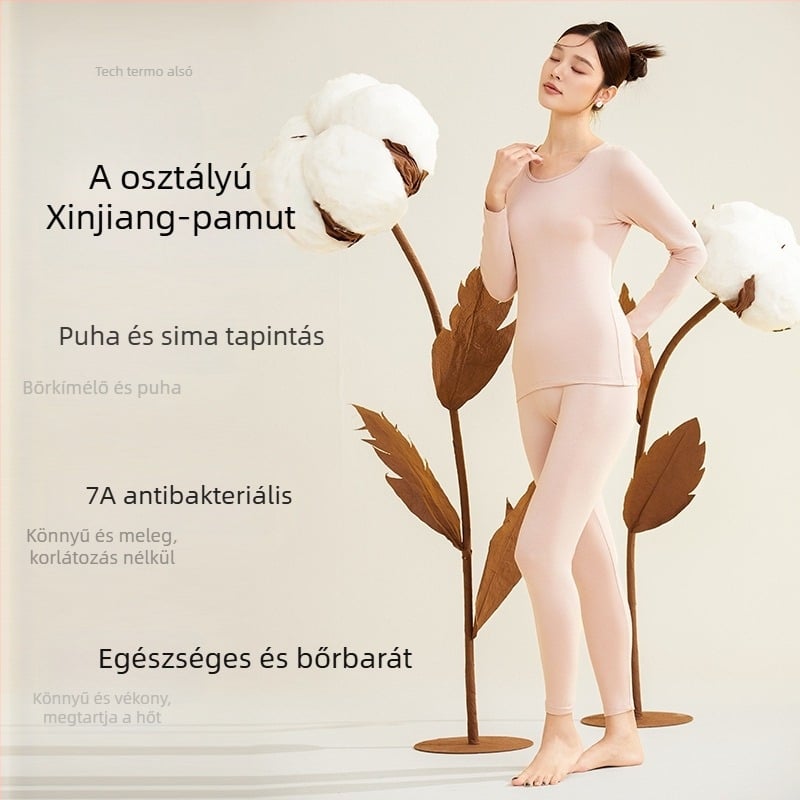 Női termikus alsó- és felső készlet, 95% pamut, antibakteriális, kerek nyakú, pulóver felső