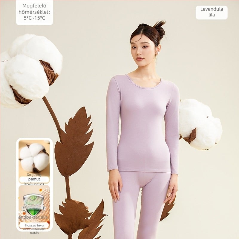 Női termikus alsó- és felső készlet, 95% pamut, antibakteriális, kerek nyakú, pulóver felső