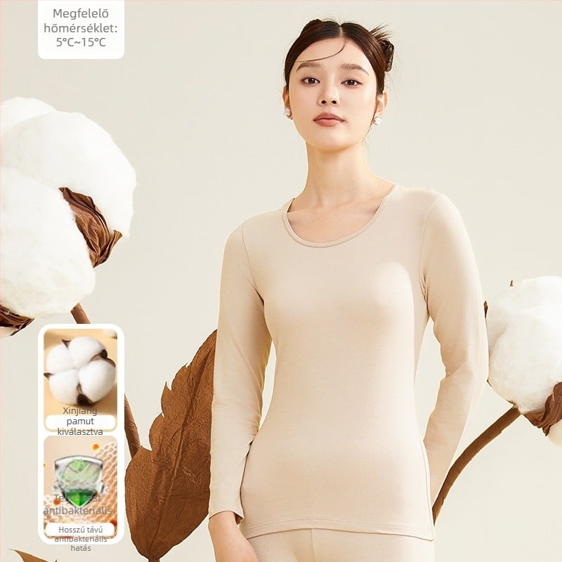 Női termikus alsó- és felső készlet, 95% pamut, antibakteriális, kerek nyakú, pulóver felső