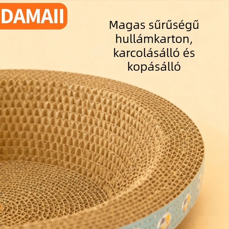 DAMAII GoFríott karton macska karmolásos tál – kör alakú, kopásálló, szőrszálak nélkül macskajáték, karikatúra stílusban