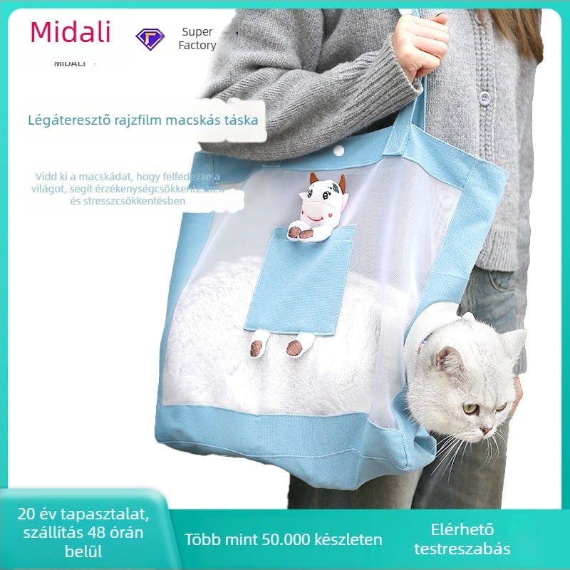 Middall macska táska — hordozható crossbody táska háziállatoknak, vászon háló anyag, Cartoon mintázat, puha anyag