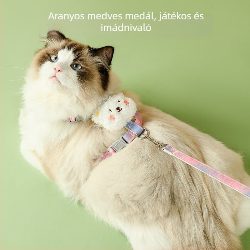 Macska mellkas-hám aranyos medve kiegészítővel, anyag: Nylon ötvözet ABS, mellkas pánt, macska póráz