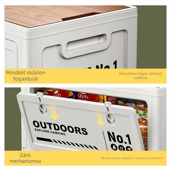 Kemping tároló doboz oldalnyílással, összecsukható PP anyagból, 40–50 L kapacitás, hordozható