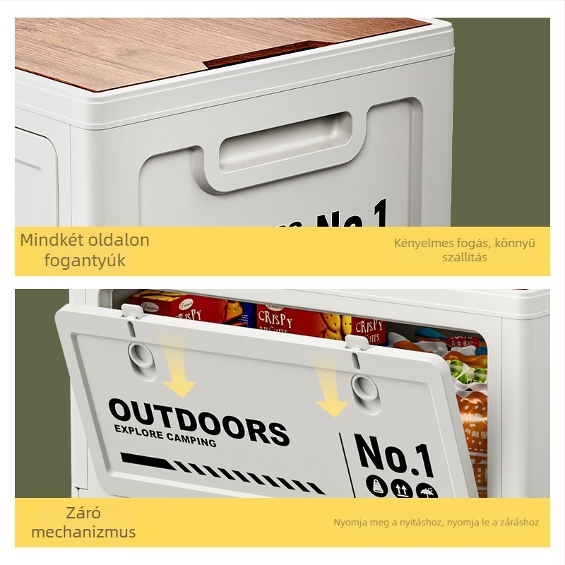 Kemping tároló doboz oldalnyílással, összecsukható PP anyagból, 40–50 L kapacitás, hordozható