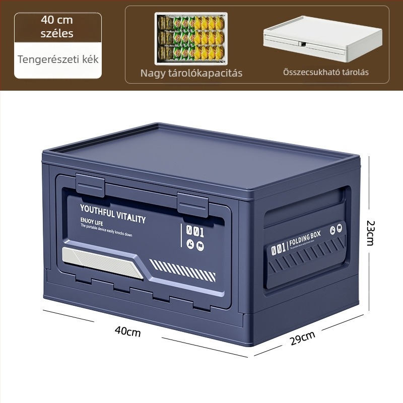 Kemping tároló doboz oldalnyílással, összecsukható PP anyagból, 40–50 L kapacitás, hordozható