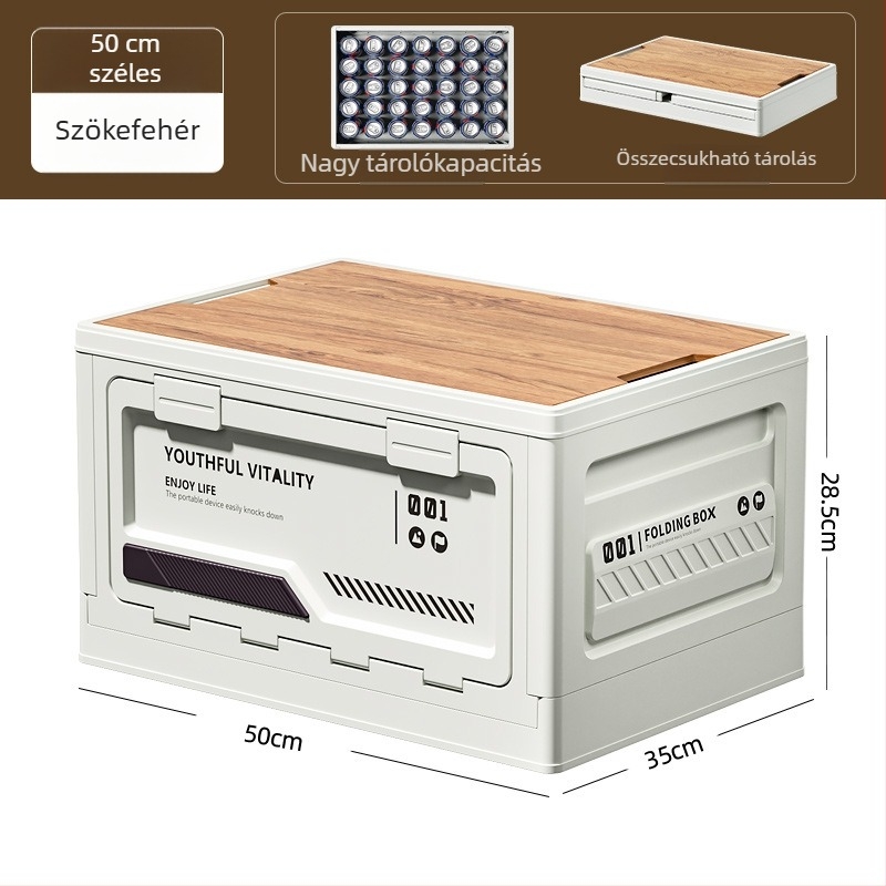 Kemping tároló doboz oldalnyílással, összecsukható PP anyagból, 40–50 L kapacitás, hordozható