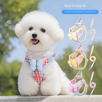 Duomao Kutya Mellény Póráz - Szövet, Állítható, Kockás Masni, Modell ht8023, Koreai Stílus