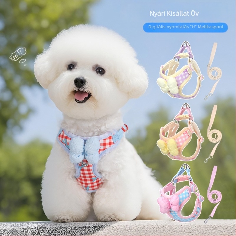 Duomao Kutya Mellény Póráz - Szövet, Állítható, Kockás Masni, Modell ht8023, Koreai Stílus