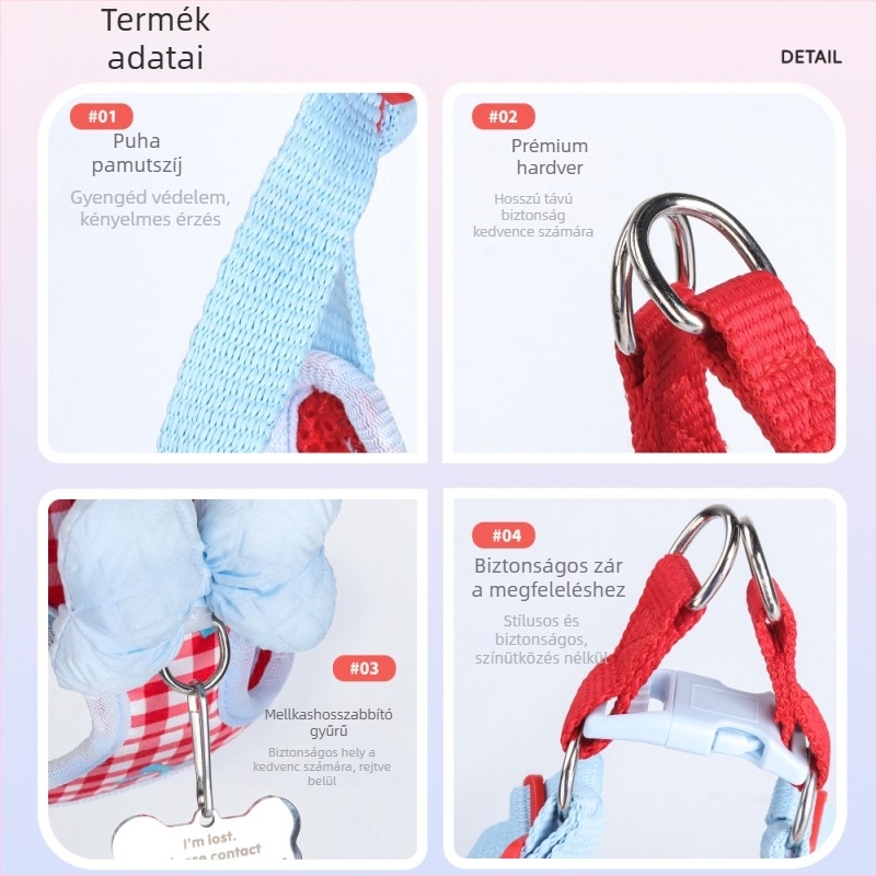 Duomao Kutya Mellény Póráz - Szövet, Állítható, Kockás Masni, Modell ht8023, Koreai Stílus