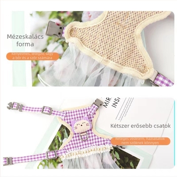 Macska pórázt és hámot tartalmazó készlet, textil anyagú, kihúzható, állítható