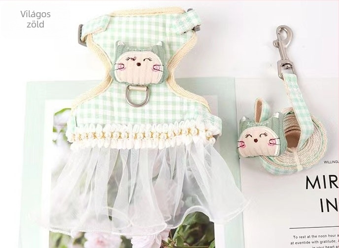 Macska pórázt és hámot tartalmazó készlet, textil anyagú, kihúzható, állítható