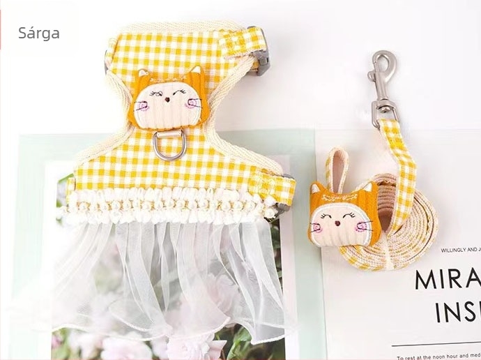 Macska pórázt és hámot tartalmazó készlet, textil anyagú, kihúzható, állítható