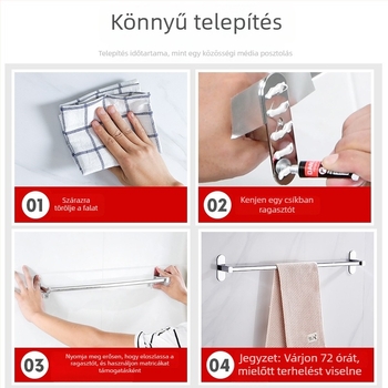 Rozsdamentes acél törölközőtartó, falra szerelhető, fúrás nélkül, krómozott felülettel, egycsöves, teherbírás 50 kg