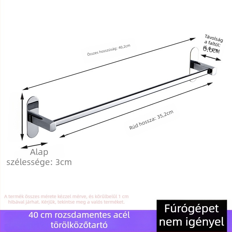 Rozsdamentes acél törölközőtartó, falra szerelhető, fúrás nélkül, krómozott felülettel, egycsöves, teherbírás 50 kg