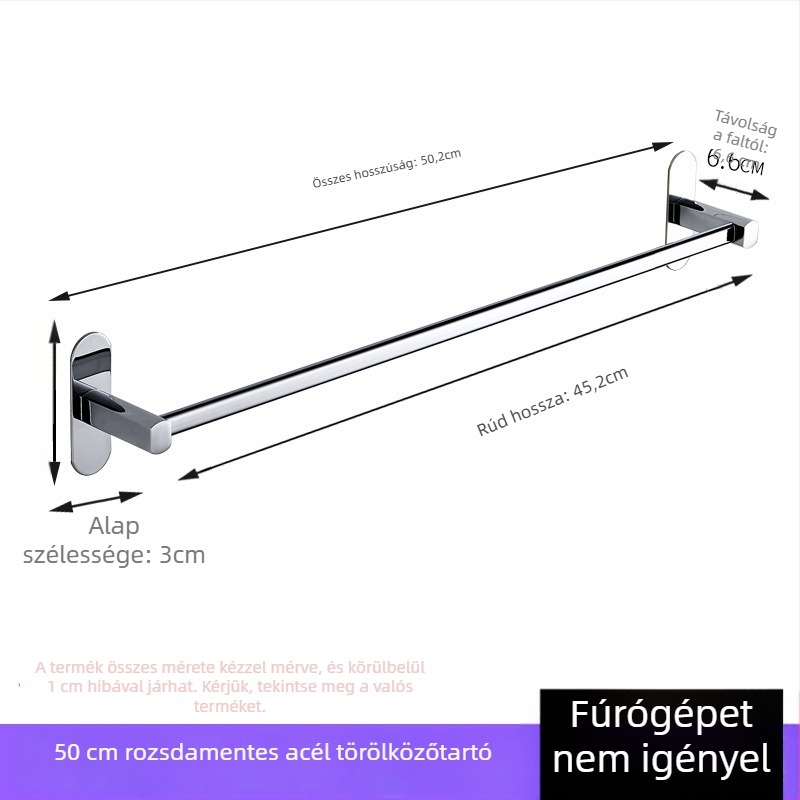Rozsdamentes acél törölközőtartó, falra szerelhető, fúrás nélkül, krómozott felülettel, egycsöves, teherbírás 50 kg