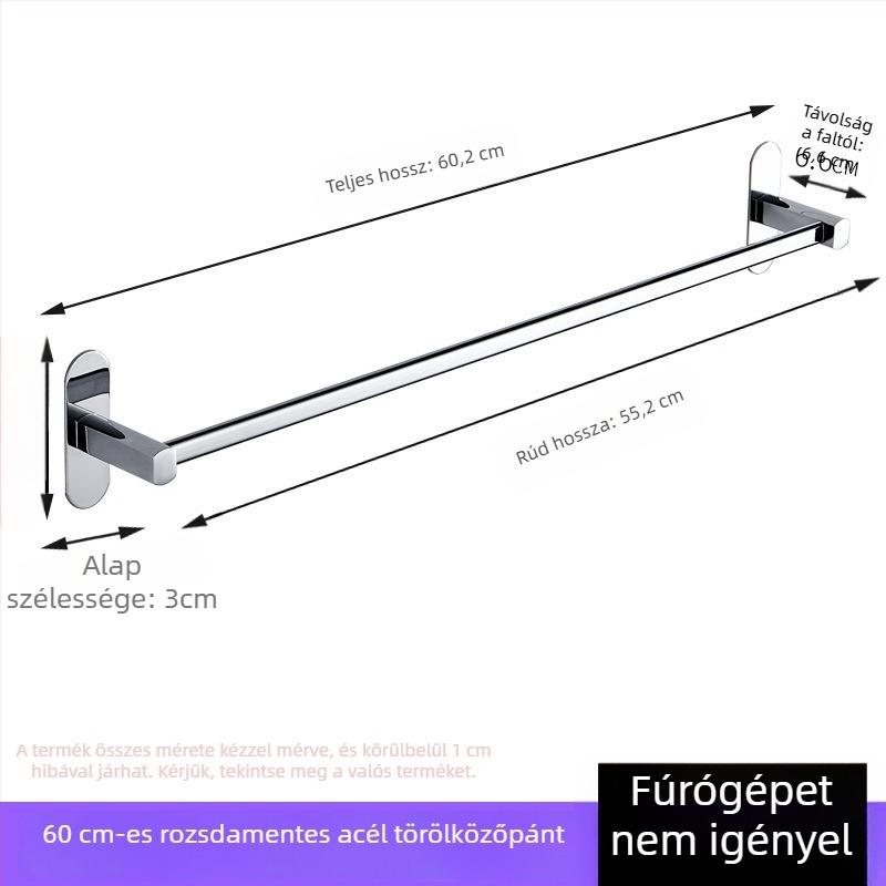 Rozsdamentes acél törölközőtartó, falra szerelhető, fúrás nélkül, krómozott felülettel, egycsöves, teherbírás 50 kg