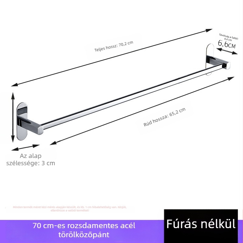 Rozsdamentes acél törölközőtartó, falra szerelhető, fúrás nélkül, krómozott felülettel, egycsöves, teherbírás 50 kg