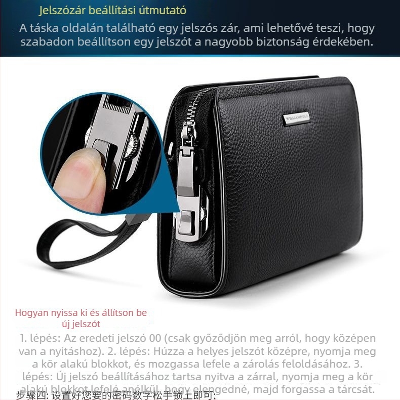 Férfi clutch táska - valódi bőr, jelszavas zár a lopás ellen, első réteg marhabőr, üzleti út stílus, nagy kapacitás