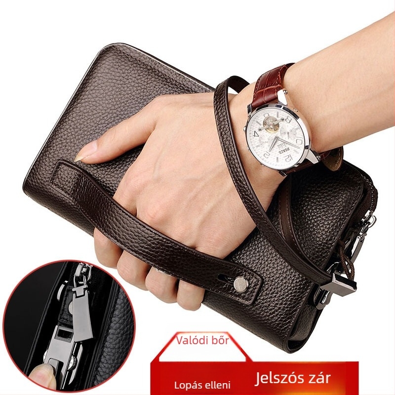 Férfi clutch táska - valódi bőr, jelszavas zár a lopás ellen, első réteg marhabőr, üzleti út stílus, nagy kapacitás