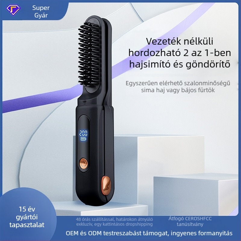 2–az–1 vezeték nélküli hajkiegyenesítő és göndörítő eszköz kerámia fűtőelemmel, görgő átmérője <15 mm, 3 szintű hőmérséklet-szabályozás, 60W, 5V, CE/FCC/ROHS