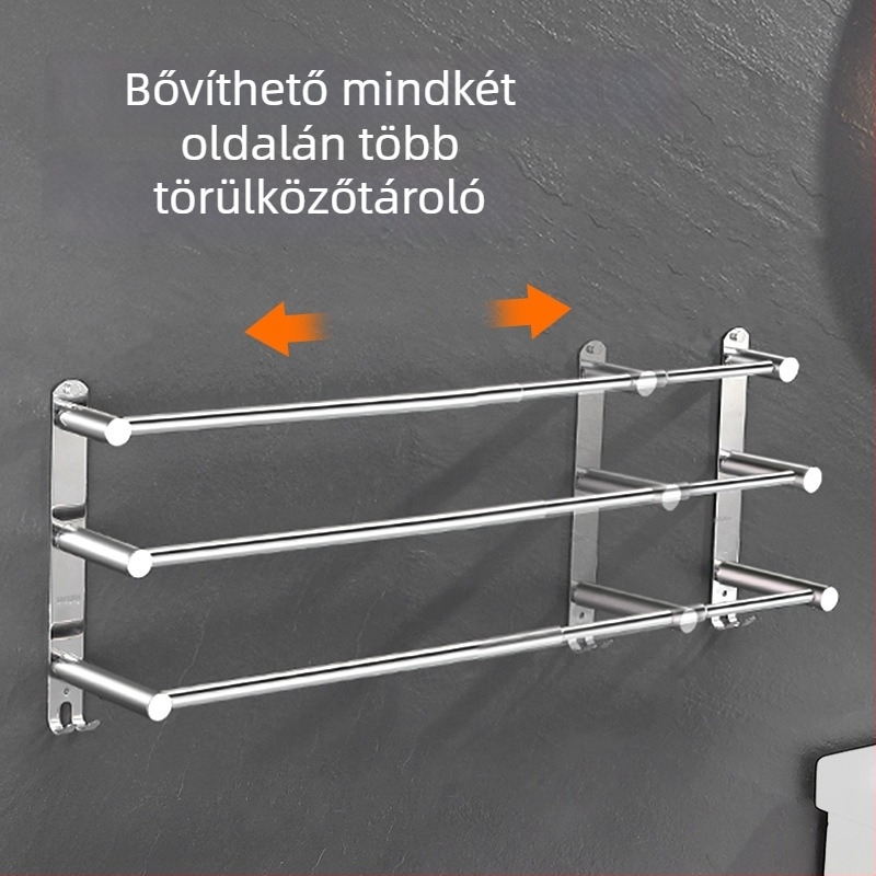 Rozsdamentes acél falra szerelhető kihúzható törölközőtartó, háromszintes, finom polírozás, teherbírás 25 kg