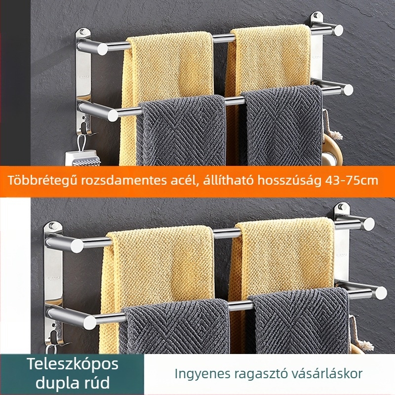 Rozsdamentes acél falra szerelhető kihúzható törölközőtartó, háromszintes, finom polírozás, teherbírás 25 kg