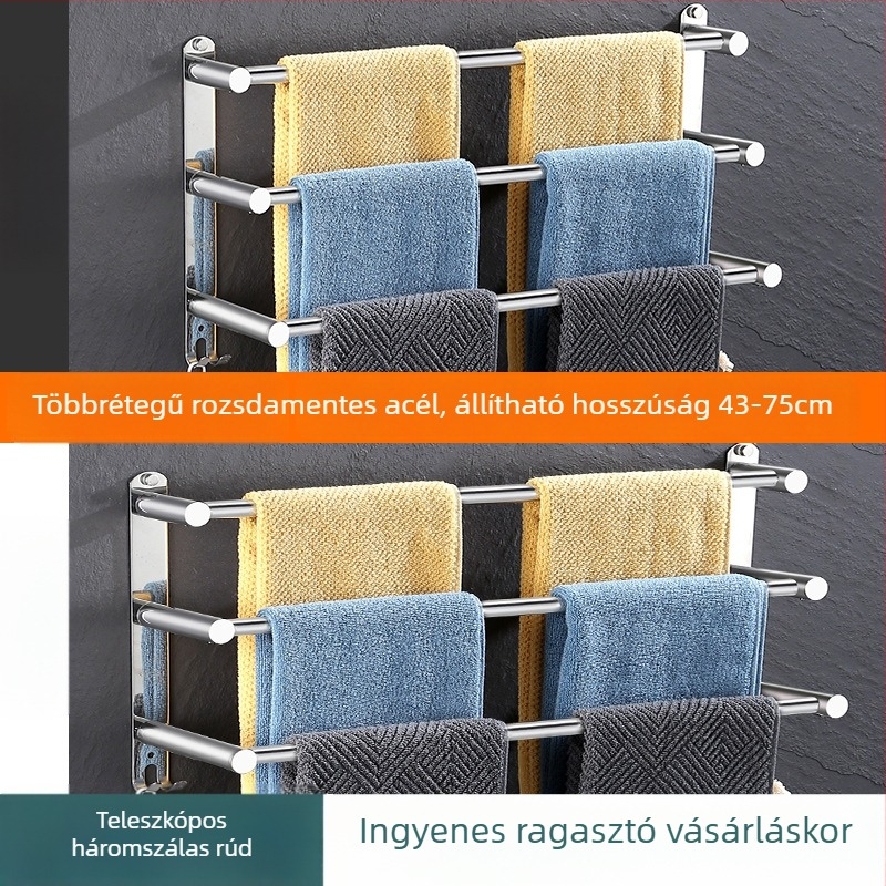 Rozsdamentes acél falra szerelhető kihúzható törölközőtartó, háromszintes, finom polírozás, teherbírás 25 kg