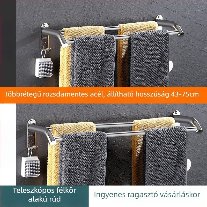 Rozsdamentes acél falra szerelhető kihúzható törölközőtartó, háromszintes, finom polírozás, teherbírás 25 kg
