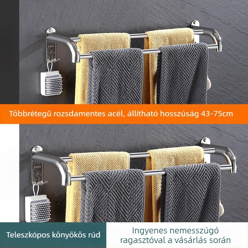Rozsdamentes acél falra szerelhető kihúzható törölközőtartó, háromszintes, finom polírozás, teherbírás 25 kg